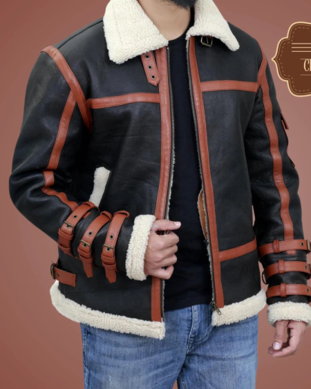Men's Raf Black B-3 Flying Aviator Shearling Fur Leather Jacket
