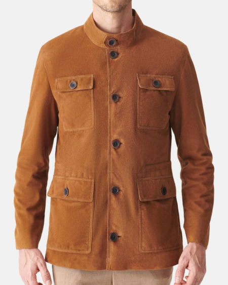 Mens TAN Long Length Suede Leather Field Jacket