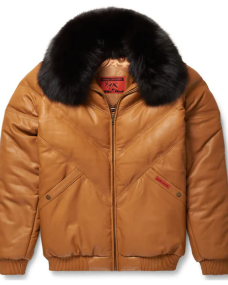 New B-3 Brown V Bomber Jacket With Black Fur Collar For Men