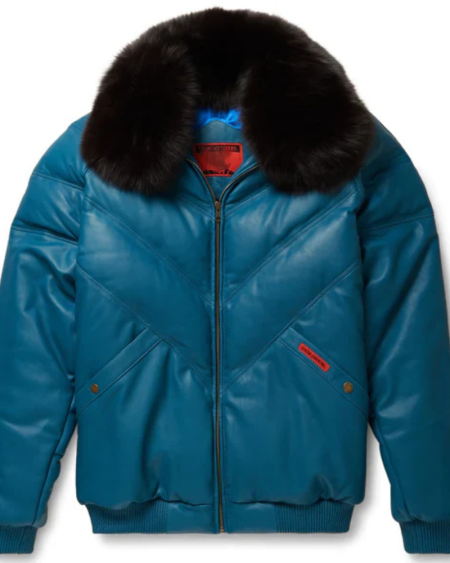 New B-3 Men Teal Leather V Bomber Jacket With Black Fur Collar