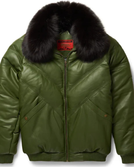 New B-3 Olive Leather V-bomber Jacket For Men With Black Fur Collar