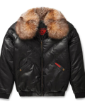 New Black Premium Lambskin Leather V Bomber Jacket For Men With Fur Collar