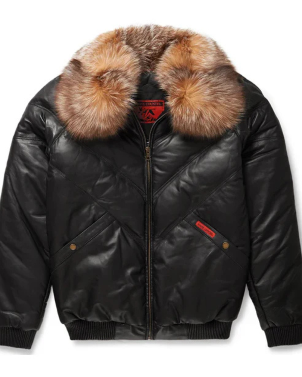 New Black Premium Lambskin Leather V Bomber Jacket For Men With Fur Collar