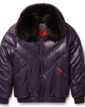 New Men B-3 Purple Leather V-bomber Jacket With Black Fur Collar