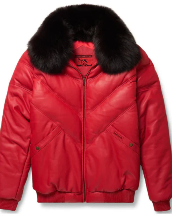 New Men B-3 Red Leather V-bomber Jacket With Black Fur Collar