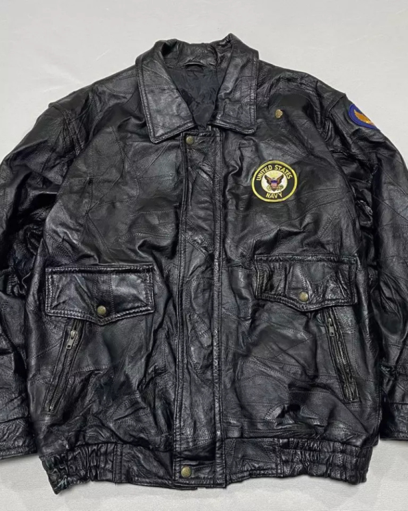 90s Navy Us Patchwork A-2 Leather Black Jacket