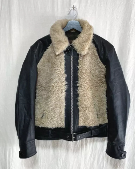 Good Real Fur Mouton Boa Bear Jean Grizzly B-3 Black Leather Jacket