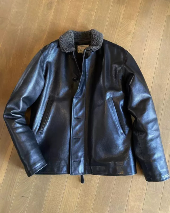Radiall N-1 Deck Sun-fading On Sleeve Black Leather Jacket