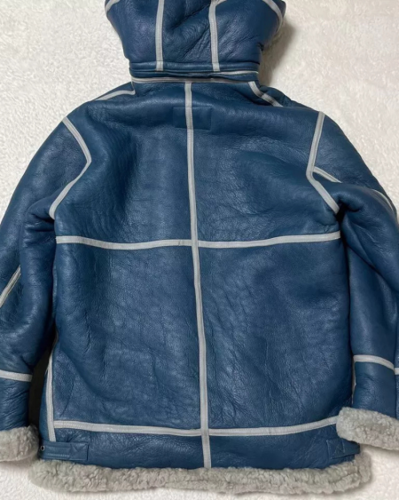Schott B-3 Mouton Blue Leather Flight Hooded Jacket
