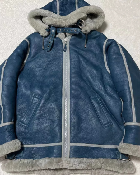 Schott Type B-3 Mouton Blue Leather Flight Hooded Jacket