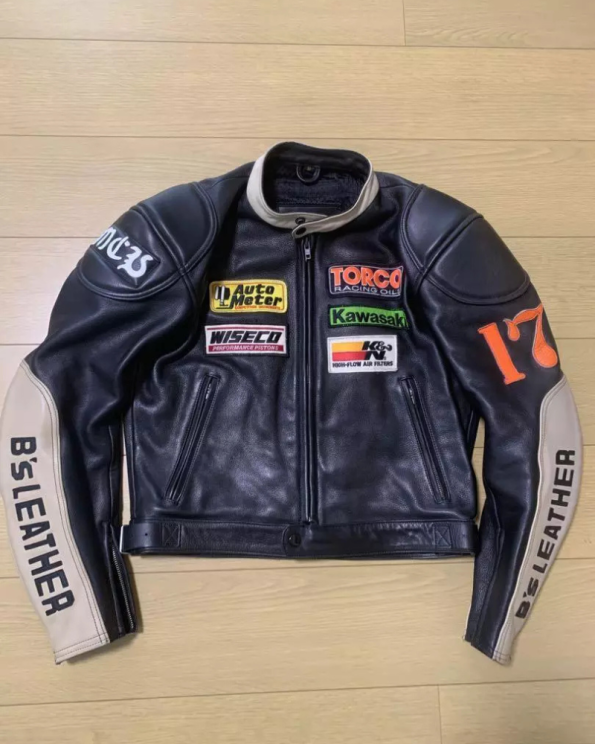 BS Leather Black And White Biker Jacke