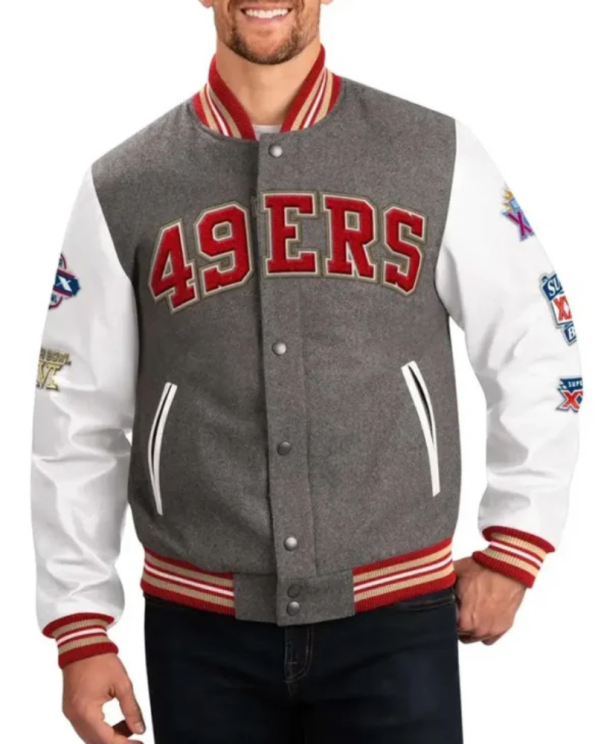 NFL San Francisco 49ers Challenger Grey and White Varsity Jacket